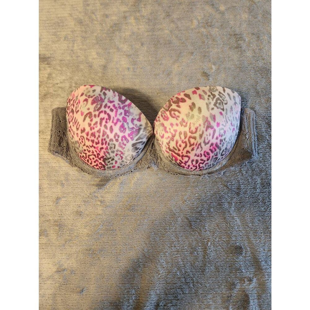 Victoria's Secret PINK size 34B Strapless Push Up Bra Gray Leopard Print